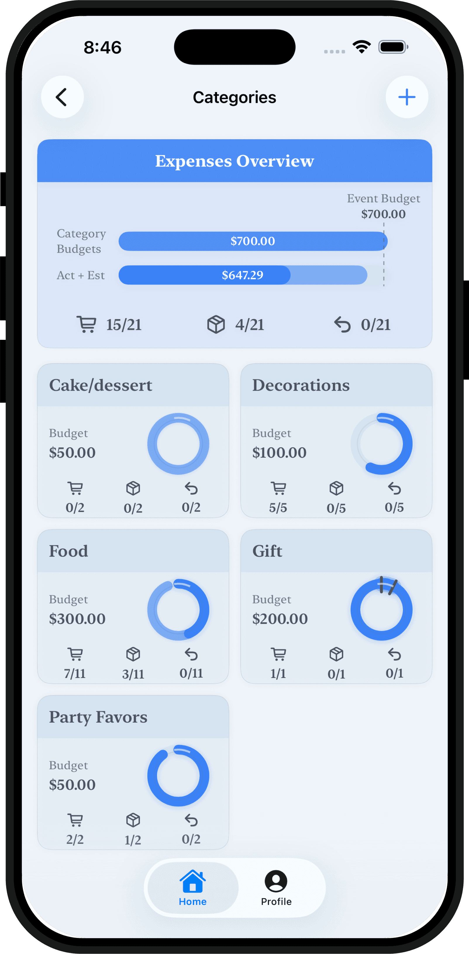 myEventCopilot budget category screen for tracking planned and actual event spending