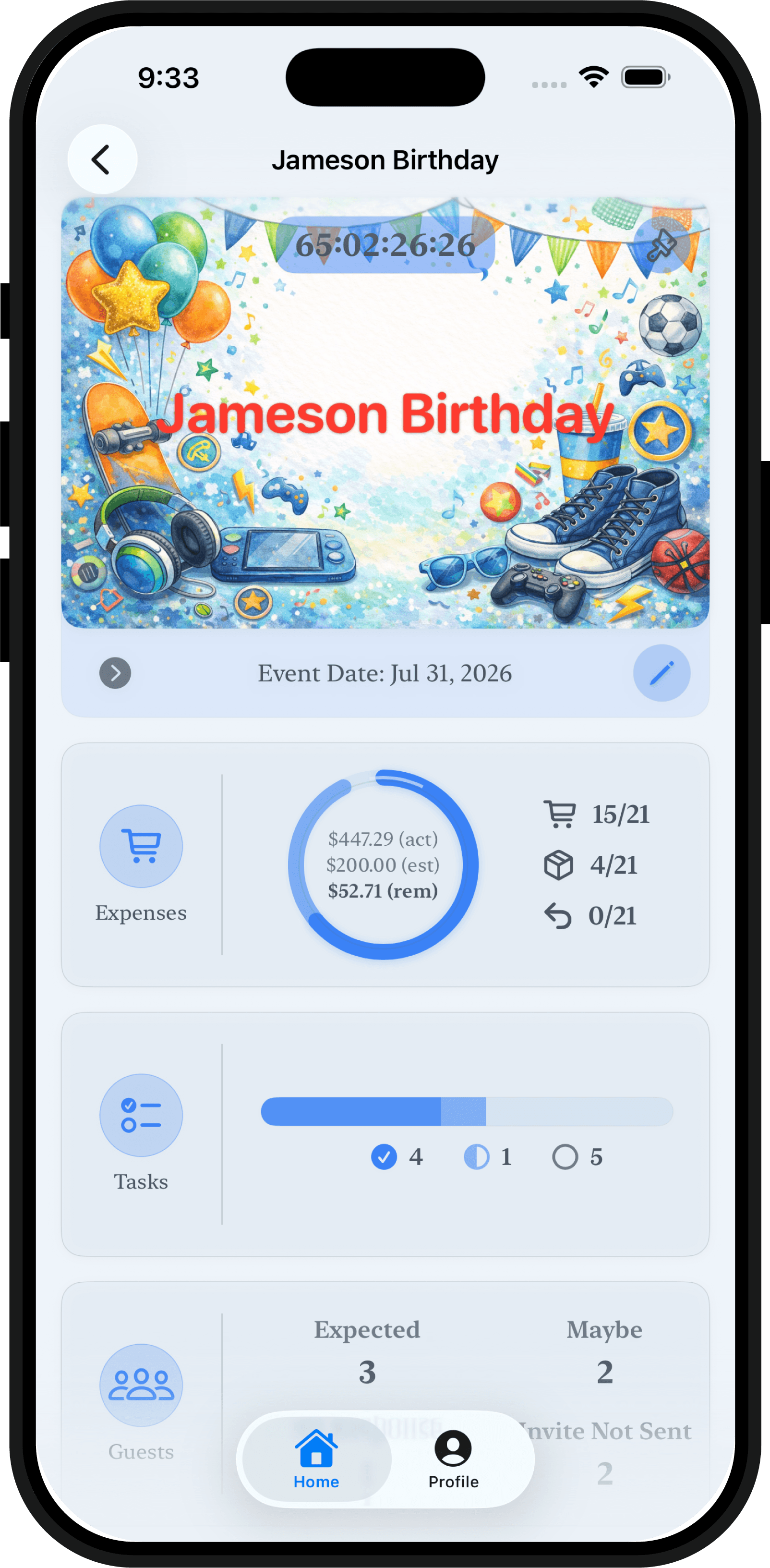 myEventCopilot event detail screen showing date, location, budget, tasks, guests, and planning details