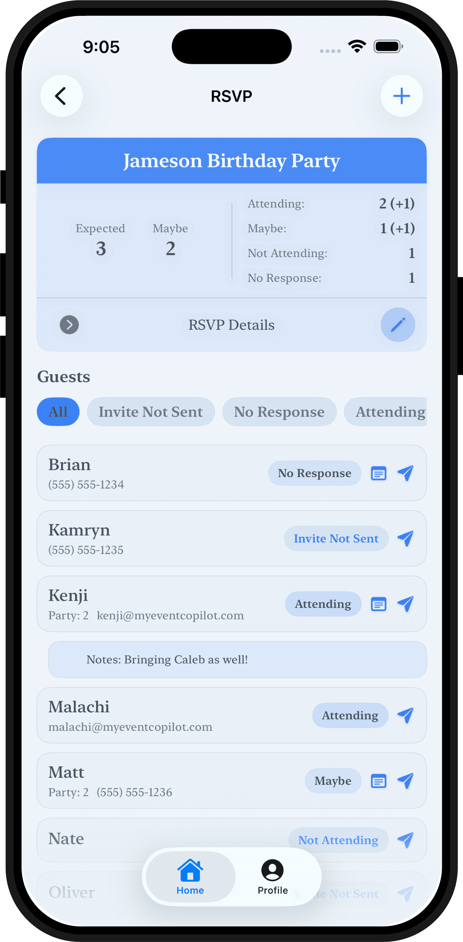 myEventCopilot host-side RSVP guest list showing responses, headcount, maybes, and plus-ones