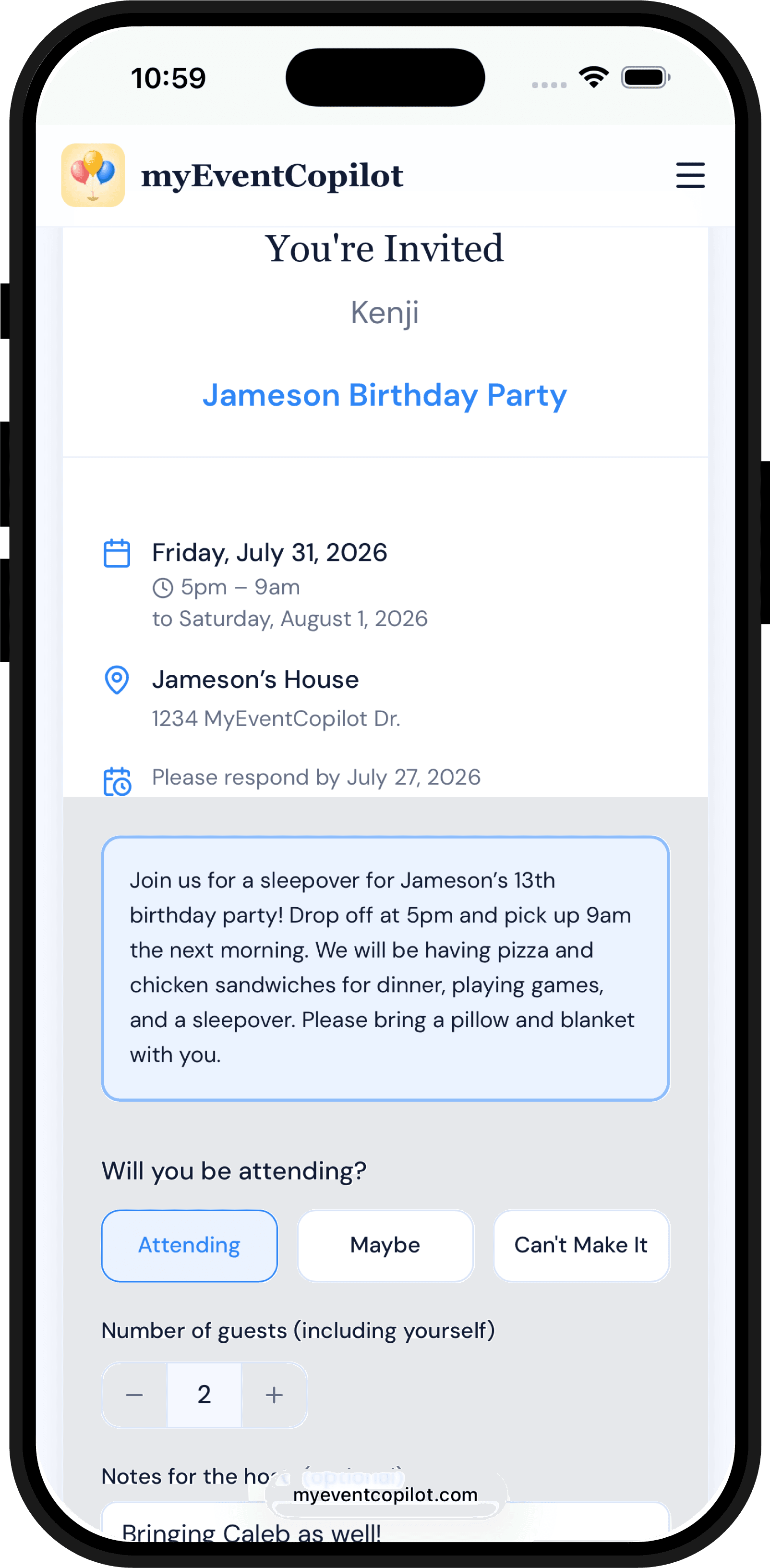 Guest-facing web RSVP page where guests reply without an app