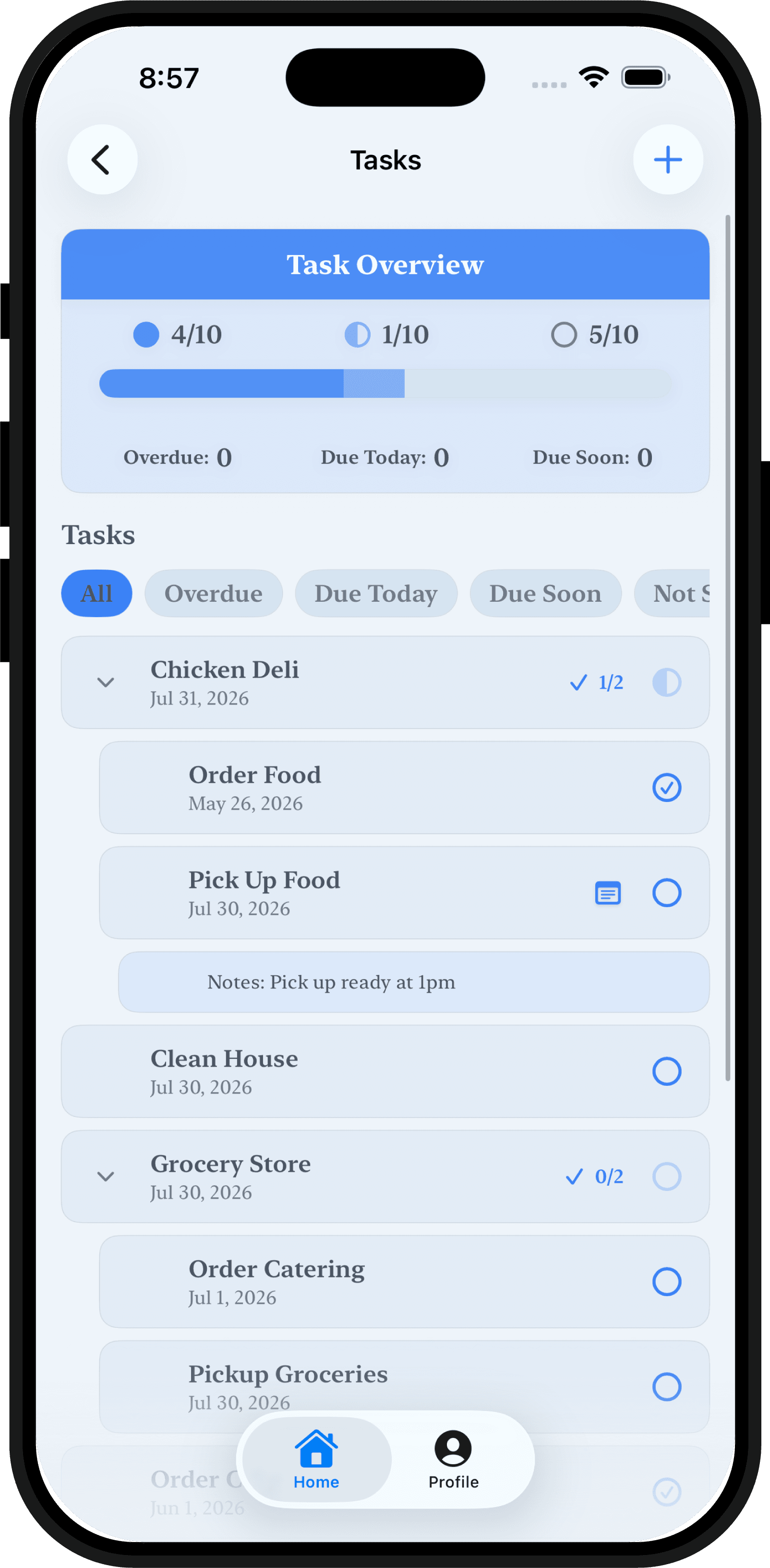 myEventCopilot task list screen showing event tasks, due dates, and planning progress